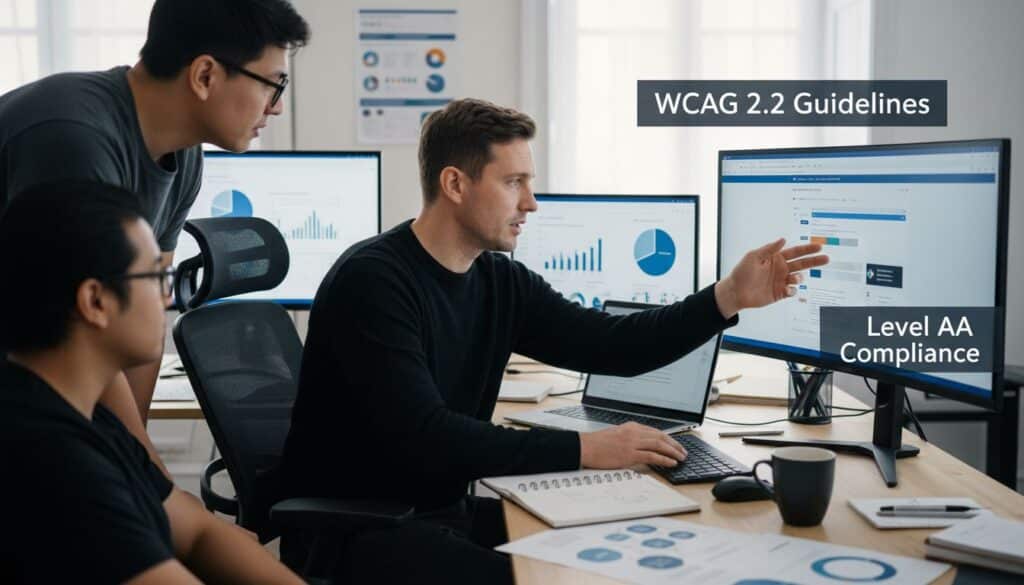 Szakértők elemzik WCAG 2.2 irányelveket számítógépen.