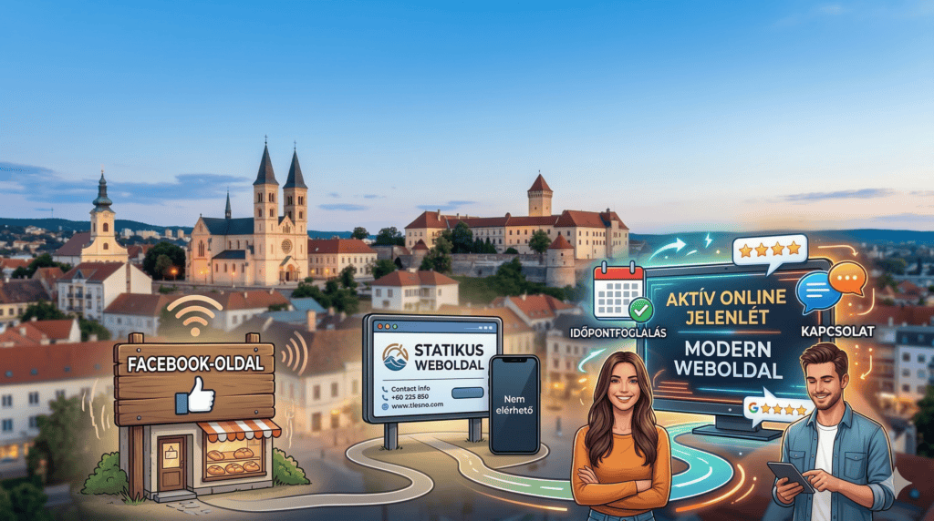 eszprém városképét ábrázoló illusztráció, amely a digitális érettség különböző szintjeit mutatja be helyi vállalkozások számára.