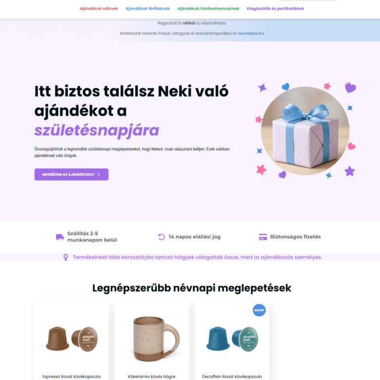 A Születésnapra.hu webshop nyitóoldala