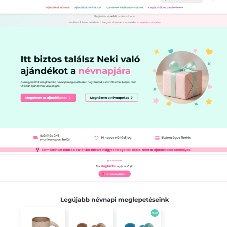 A Névnapra.hu webshop nyitóoldala